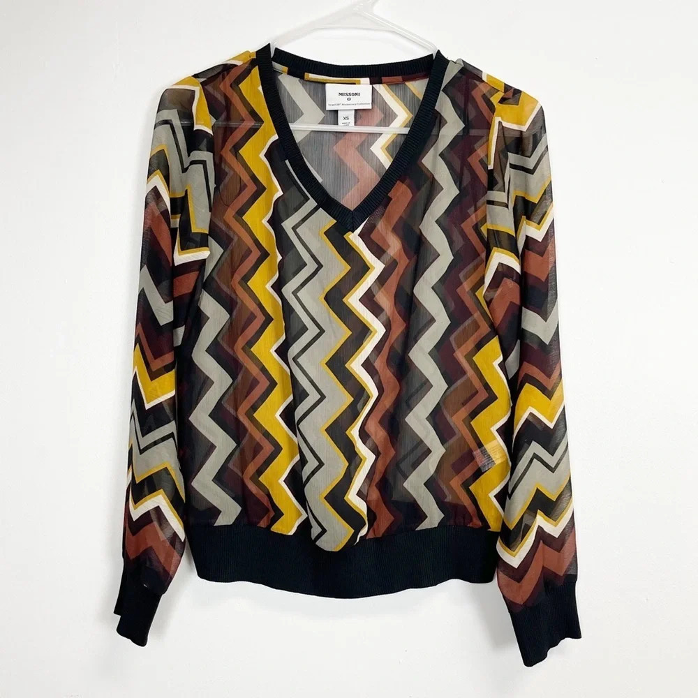 Missoni for Target Shirt Womens XS Multicolor Brown Yellow Chevron Striped Sheer